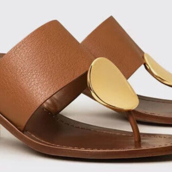 BRAND NEW Tory Burch sz 6.5 Patos Disk Leather Sandal Mou Brown / Gold - Picture 1 of 6